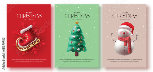 Merry christmas greeting vector poster set. Christmas religious greeting card collection with xmas decoration elements for holiday season gift tags design. Vector illustration religious greetings post