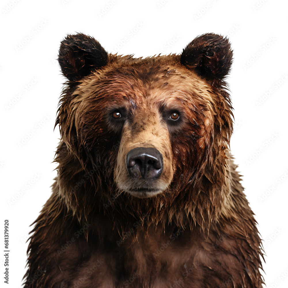 Fototapeta premium Close-up portrait of a brown bear head on transparent background cutout, PNG file.