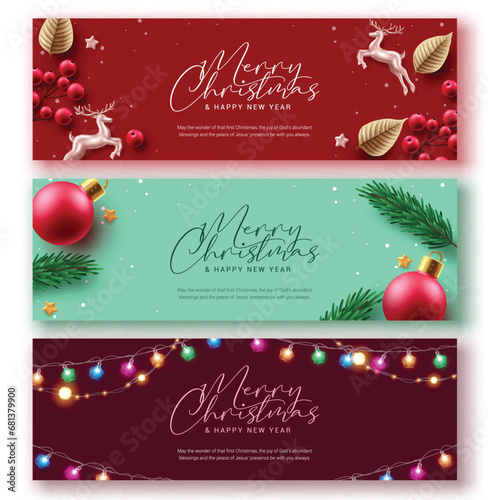 Merry christmas greeting vector banner set. Christmas religious greeting card collection with elegant decoration elements for holidays season and xmas background. Vector illustration xmas invitation 