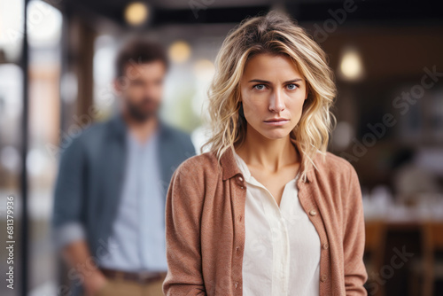 Blonde woman feeling sad and disappointed, her husband is behind