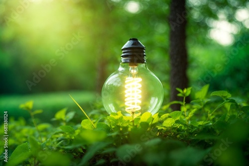Green energy concept. Light bulb in the forest. Eco energy concept.