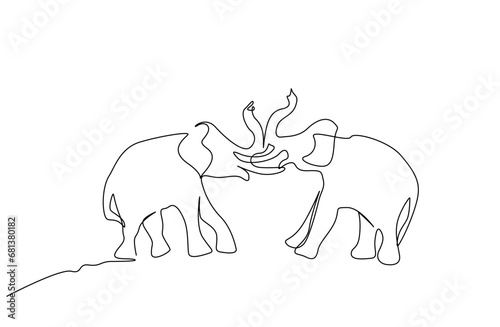 two aggressive elephant wildlife fight nature line art design