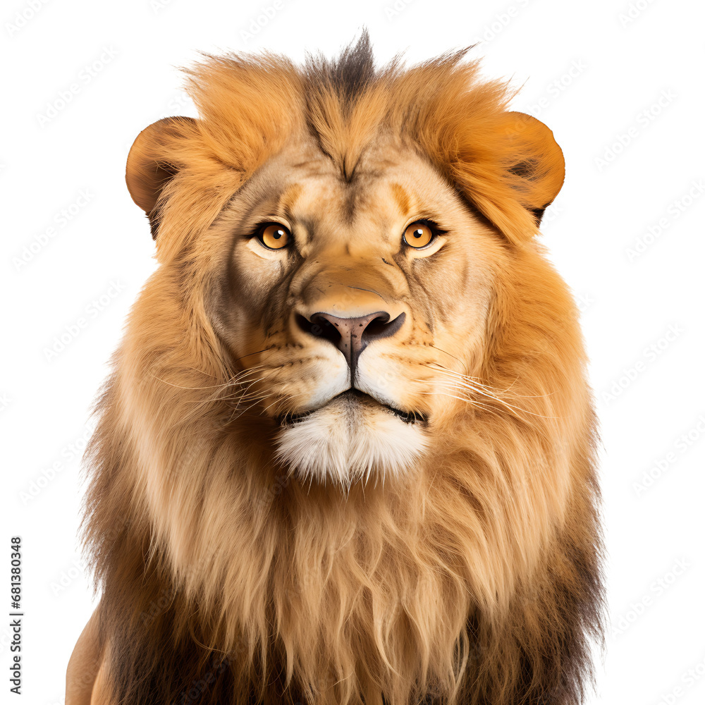 Close-up portrait of a lion face on transparent background cutout, PNG file.