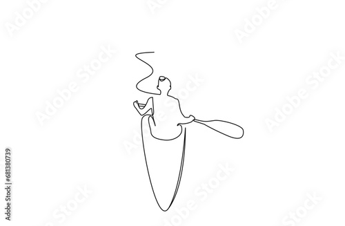 young woman canoe ski boat water sport active life lifestyle back behind rear view line art design