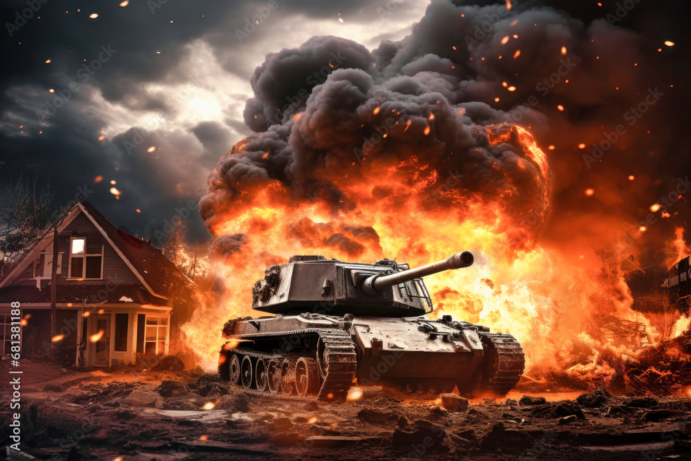 War Concept. Tank attack on the city. Hostilities. A tank against the background of fire, smoke, explosions and a destroyed house. Battle in ruined city. Selective focus.