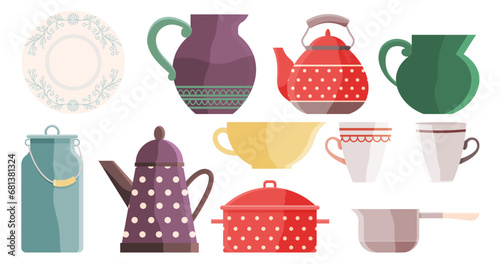 Kitchen dishes vector illustration. Pottery and crockery, as kitchen dishes, infuse character into daily meals Kitchen tools and cookware, skillfully selected, enhance cooking ritual Culinary
