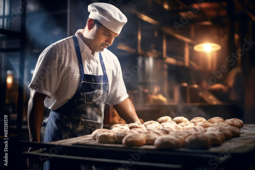 A worker in a bakery puts bread in the oven. Bread production enterprise. Bakery. Close-up.