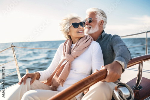 An elderly couple sits in a boat or yacht against the backdrop of the sea. Happy and smiling. They look at the waves and hug. Sea voyage, vacation