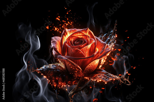 Red rose with flames isolated on a black background. 3d render illustration. 