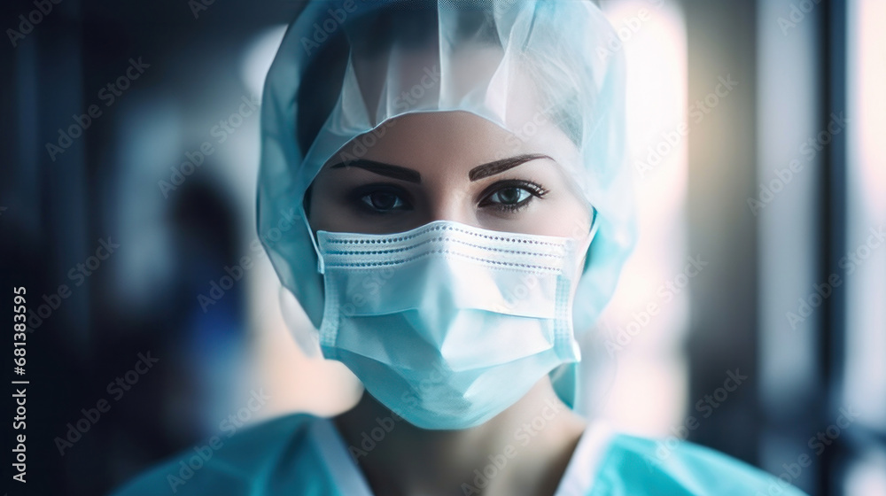A female doctor wearing hygienic face surgical medical mask. Protection against contagious disease, coronavirus. A female doctor wearing hygienic face surgical medical mask. Protection against contagious disease, coronavirus.