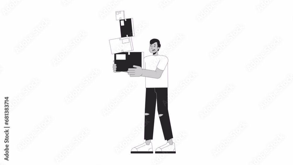Startled man carrying stacked boxes bw outline cartoon animation. Moving stress 4K video motion graphic. Troubled guy holding boxes 2D monochrome linear animated character isolated on white background Startled man carrying stacked boxes bw outline cartoon animation. Moving stress 4K video motion graphic. Troubled guy holding boxes 2D monochrome linear animated character isolated on white background