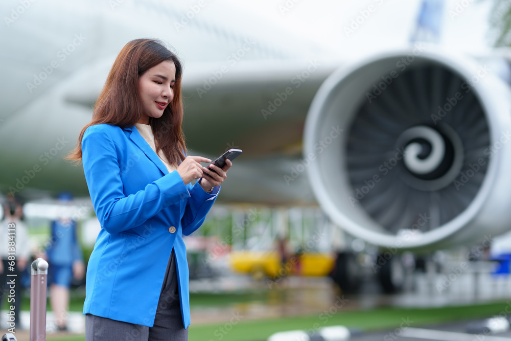 Fototapeta premium Business woman, traveler waiting for flight in airport, standing with luggage, using smartphone, traveling while waiting for flight Online internet search, flight check-in, travel ideas lifestyle.