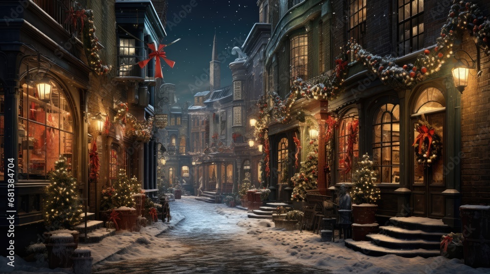 winter night city, narrow street, New York, Christmas - obrazy, fototapety, plakaty 