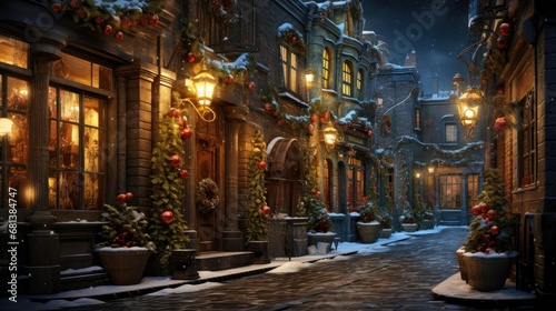 winter night city, narrow street, New York, Christmas