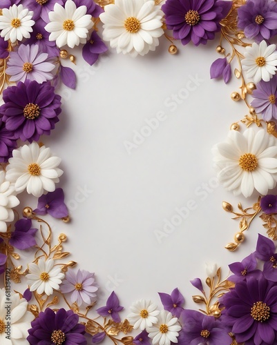 Elegant decorative small flowers golden white and purple invitation blank card  frame design. Ai image generative. © Amlumoss