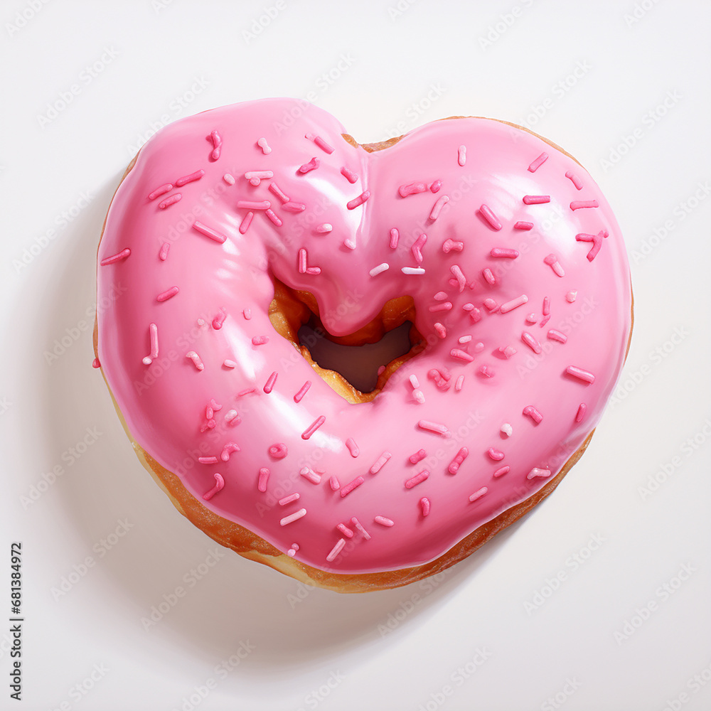 Pink donut with pink sprinkles isolated on white background, top view Pink donut with pink sprinkles isolated on white background, top view