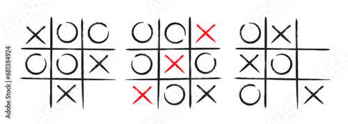 Tic tac toe xo game hand drawn grid doodle template vector illustration set isolated on white background