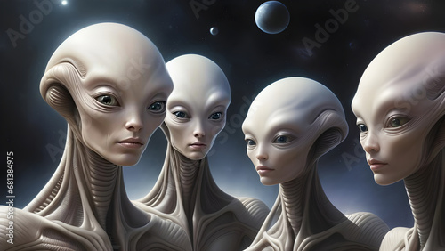 Atmospheric portrait of a group of alien beings from another planet with space background.  Generative AI photo
