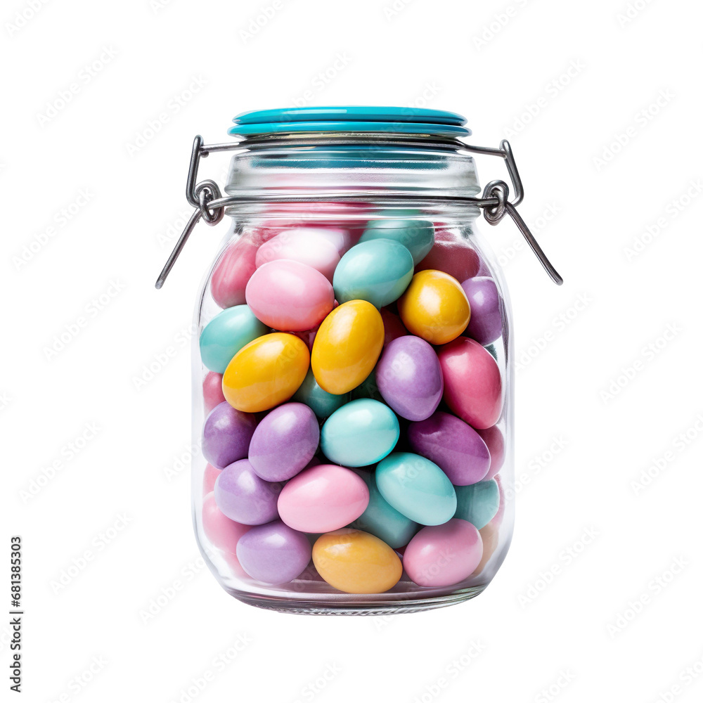 front view close up of chocolates Mini Eggs in a jar isolated on a white transparent background front view close up of chocolates Mini Eggs in a jar isolated on a white transparent background