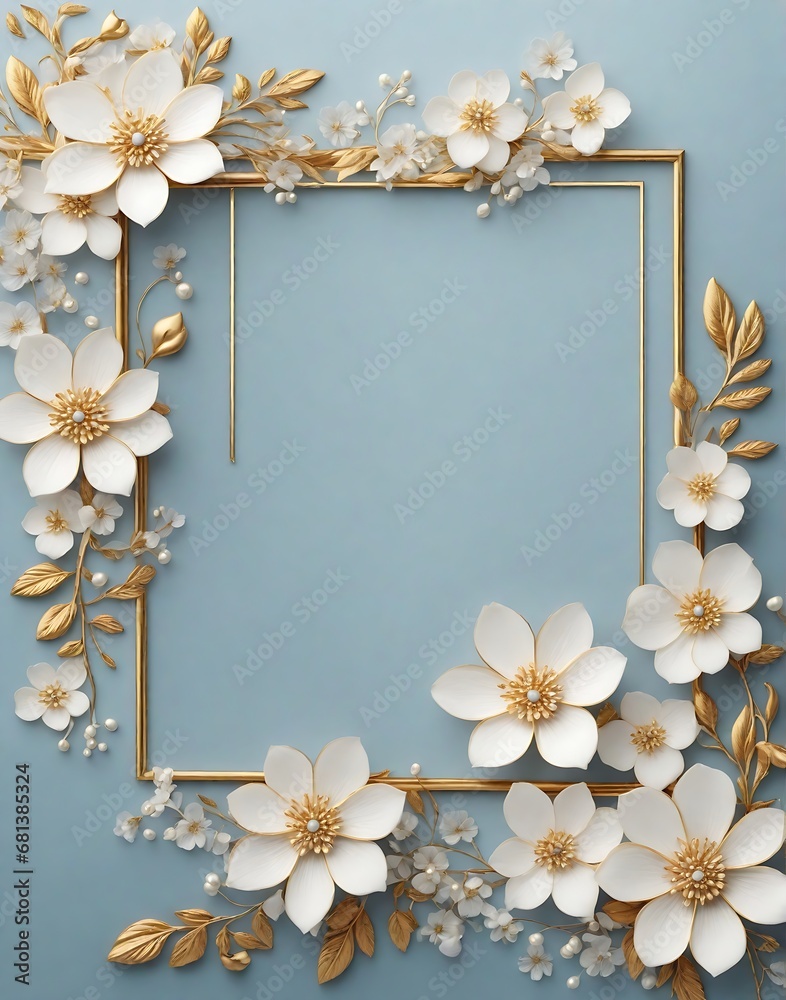 Elegant decorative small flowers golden white and blue invitation blank card frame design. Ai image generative. Elegant decorative small flowers golden white and blue invitation blank card frame design. Ai image generative.