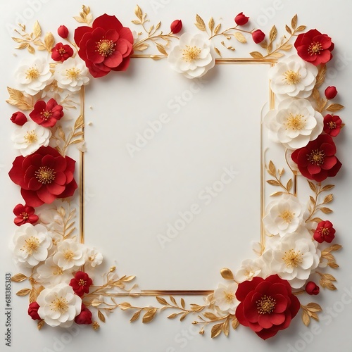 Elegant decorative small flowers golden white and red invitation blank card  frame design. Ai image generative.
