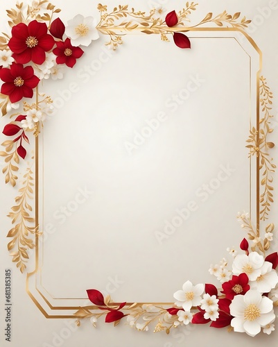 Elegant decorative small flowers golden white and red invitation blank card frame design. Ai image generative.