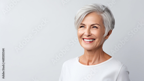 Mid age female with gray hair smile after teeth dental implants procedure. Dentistry concept. Banner with White background and copy space. photo
