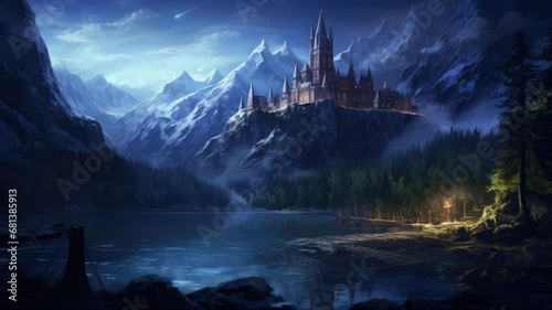 castle in the mountains by AI Generated. seamless looping time-lapse virtual video Animation Background.	