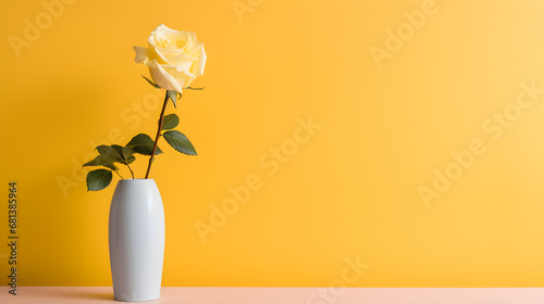 Single yellow rose in a white vase on a yellow background.