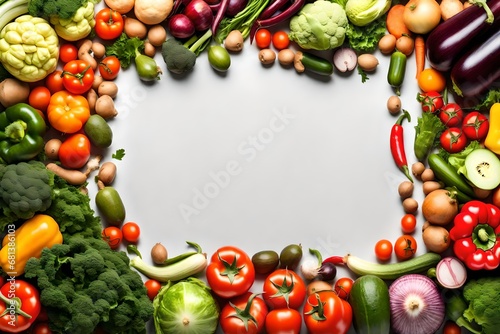 Frame of fresh vegetables and fruits isolated on white background 