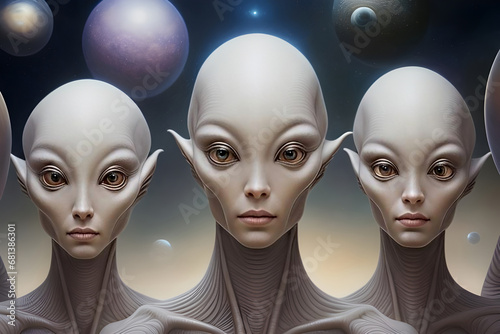 Atmospheric portrait of a group of alien beings from another planet with space background. Generative AI