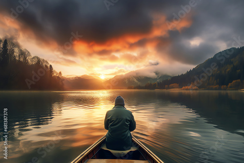 man on a little boat at sunset, AIgenerated