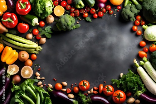 Frame of fresh vegetables and fruits isolated on white background 