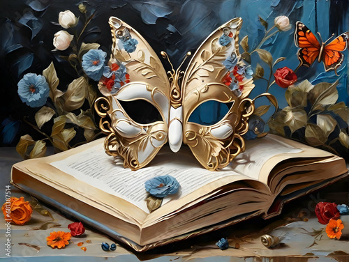 creativity oil paint art of a novel book with carnival mask on a wooden table.  photo