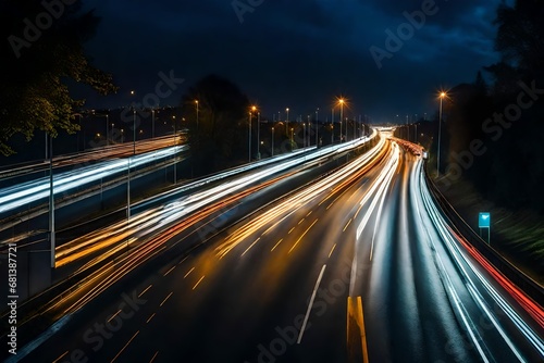 High speed urban traffic on a city highway during evening rush hour, car headlights and busy night transport captured by motion blur lighting effect and abstract long exposure photography 