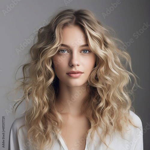 close-up portrait of a beautiful young woman with long wavy hair, model appearance, on a light background