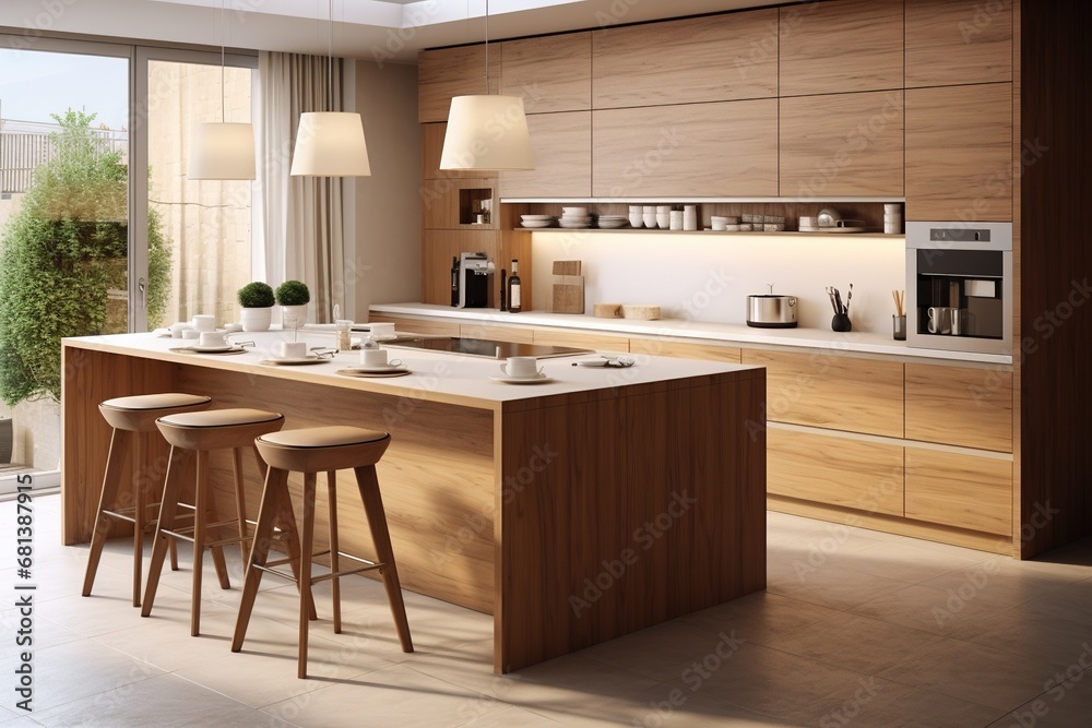Modern kitchen interior design with table and chairs, sink and cabinets. Created with Ai