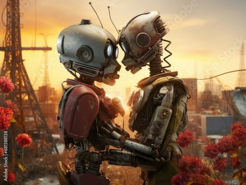 Side view of two romantic robots embracing and kissing near flowering plants against blurred city at sunset © Victoriia