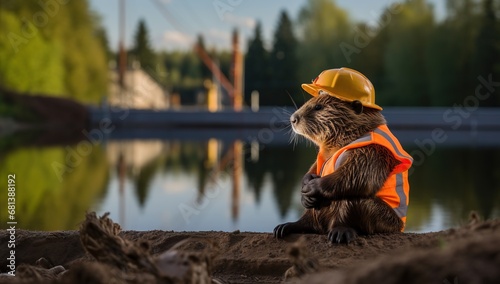 An anthropomorphic beaver in a construction vest and helmet looks at the reflection in the water, as if assessing its work.