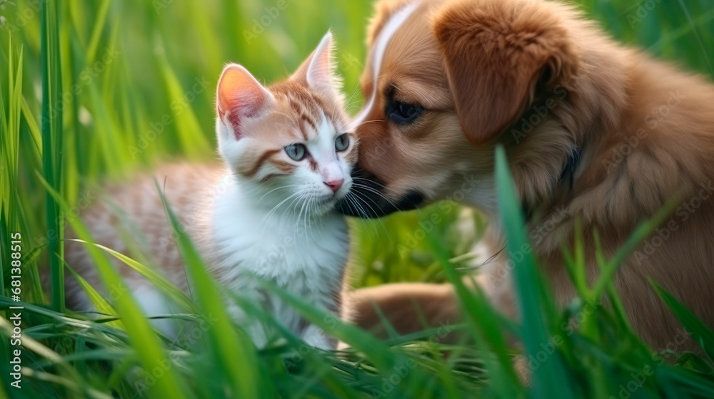 A small puppy with a small kitten. friendship. AI generated.