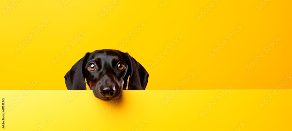 funny dachshund peeping from behind a vibrant yellow block, horizontal wallpaper banner or card large copy space for text. funny dachshund peeping from behind a vibrant yellow block, horizontal wallpaper banner or card large copy space for text.