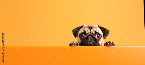 funny pug peeping from behind a vibrant orange block, horizontal wallpaper banner or card  large copy space for text. photo