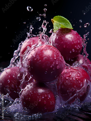 Plum commercial photography, with water splash photography effect, fruit commercial photography