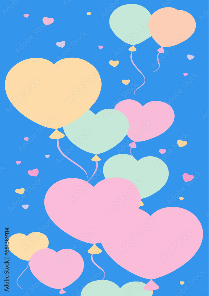 Illustration: colorful balloons on blue background, cartoon anime style