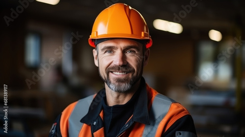 handsome mature male builder foreman in orange protective helmet portrait in production room