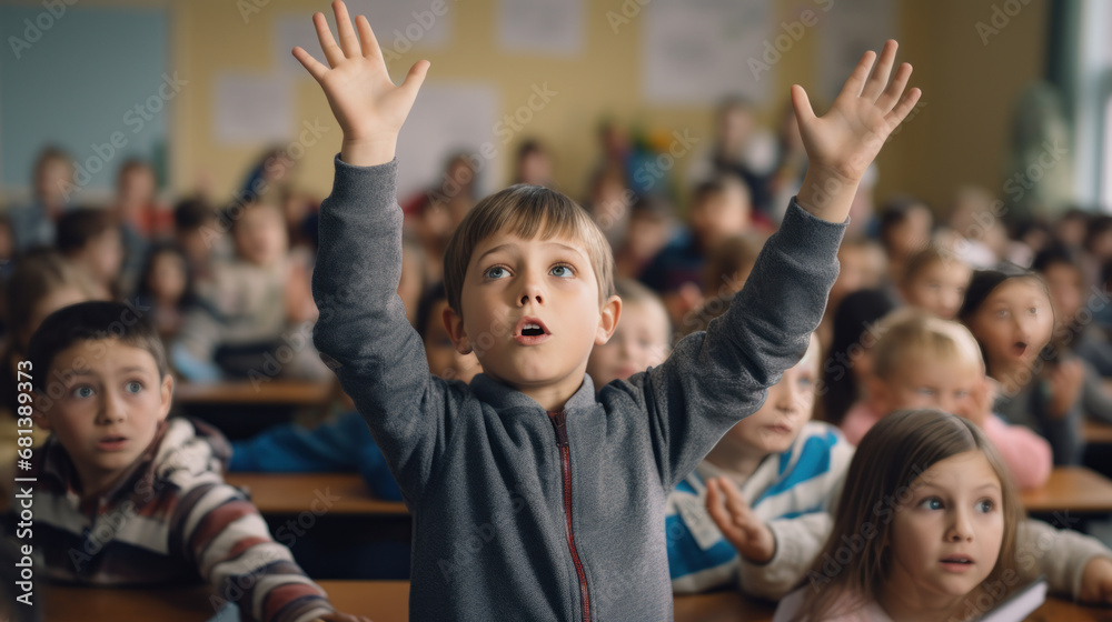 Elementary school boy raising his hand in the classroom Many students ...