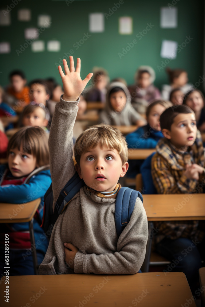 Elementary school boy raising his hand in the classroom Many students in the class were curious about the teacher's question and raised their hands to ask and ponder over how to solve the problem. Elementary school boy raising his hand in the classroom Many students in the class were curious about the teacher's question and raised their hands to ask and ponder over how to solve the problem.