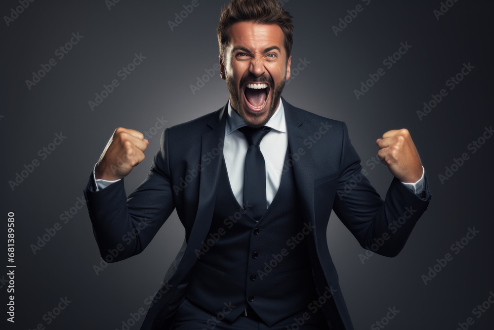 A successful and stylish businessman in a suit shows excitement and happiness in the studio. A successful and stylish businessman in a suit shows excitement and happiness in the studio.