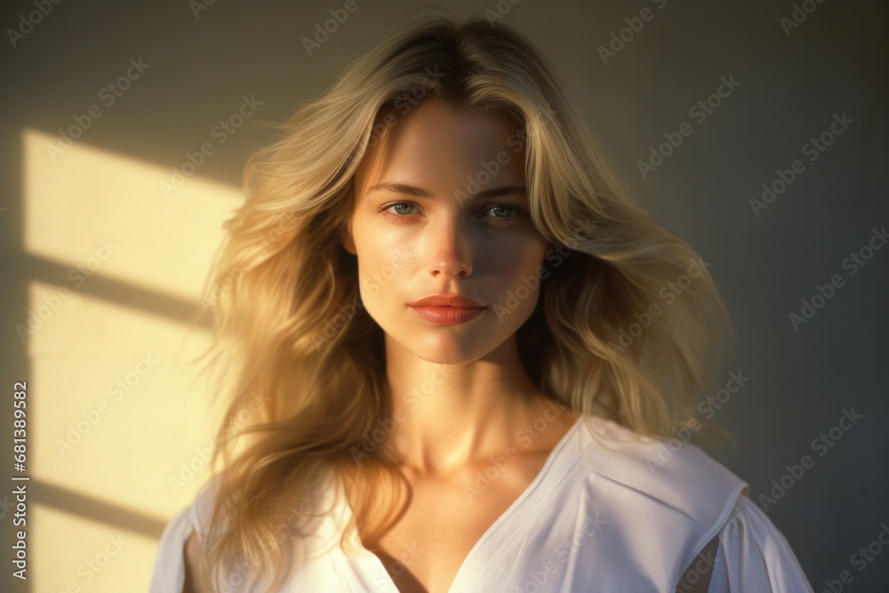 Graceful young woman in white blouse, sun-kissed, with soft shadows playing across her features, epitomizes serene beauty in natural light. Graceful young woman in white blouse, sun-kissed, with soft shadows playing across her features, epitomizes serene beauty in natural light.