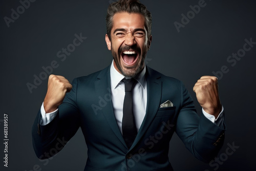 A successful and stylish businessman in a suit shows excitement and happiness in the studio.